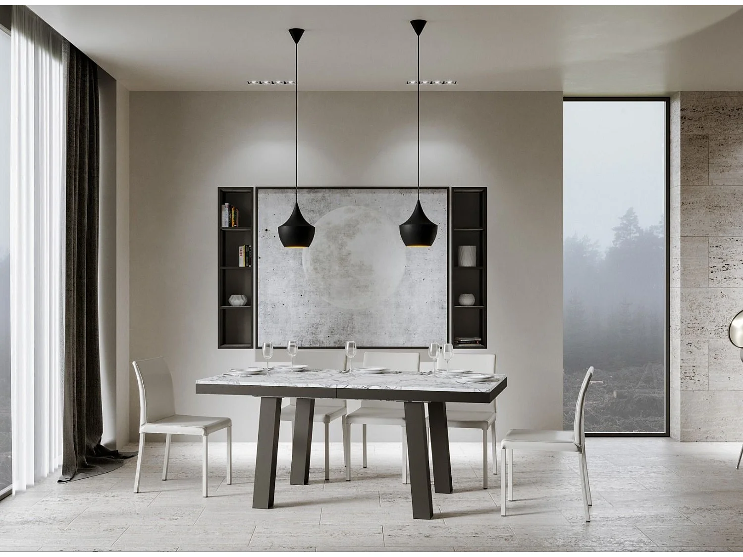 Table extensible 6 à 14 places L 180 à 284cm effet marbre blanc et cadre métal anthracite Bidy