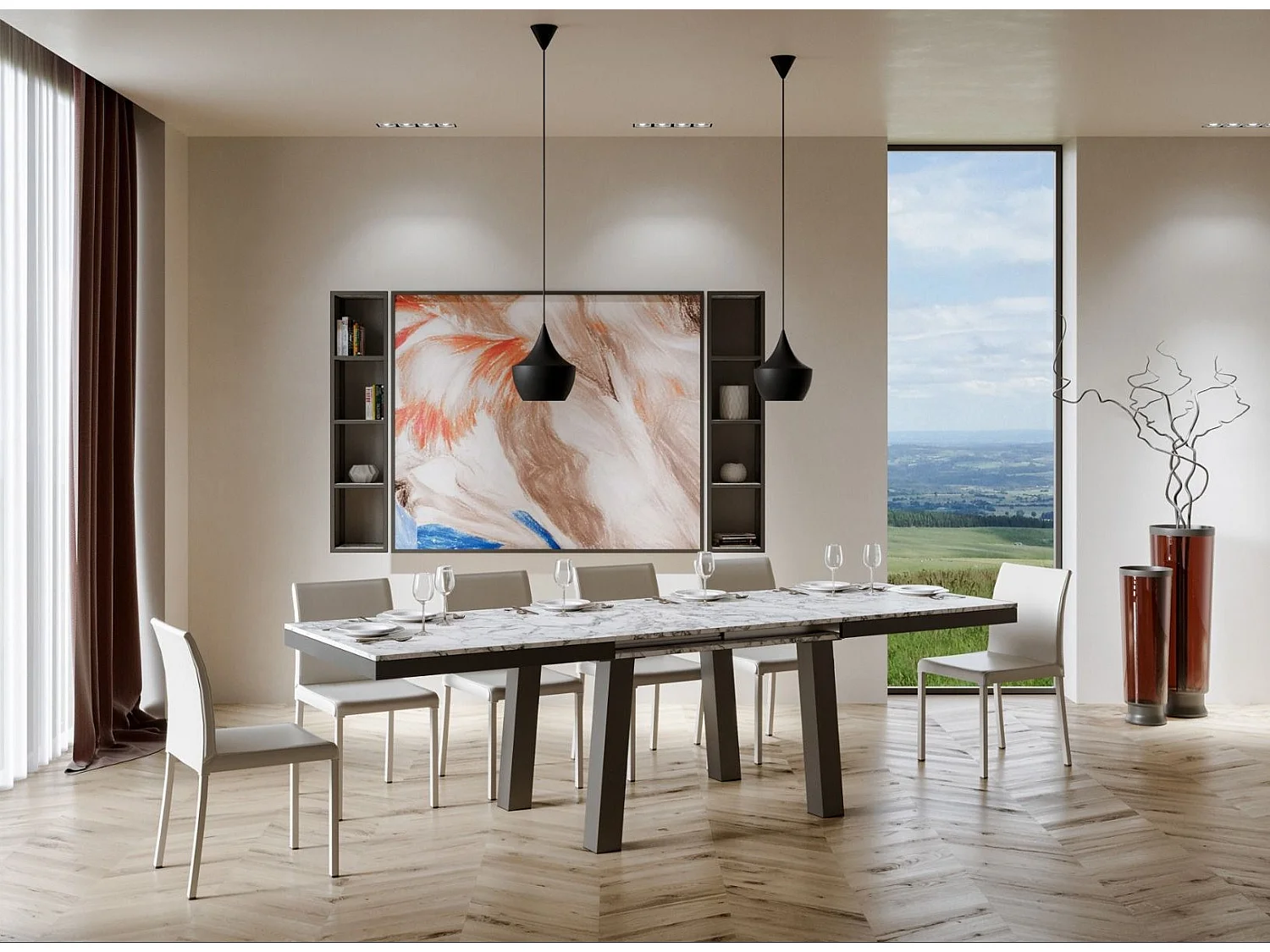 Bidy uitschuifbare tafel 6 tot 14 zitplaatsen L 180 tot 284 cm wit marmereffect en antraciet metalen frame