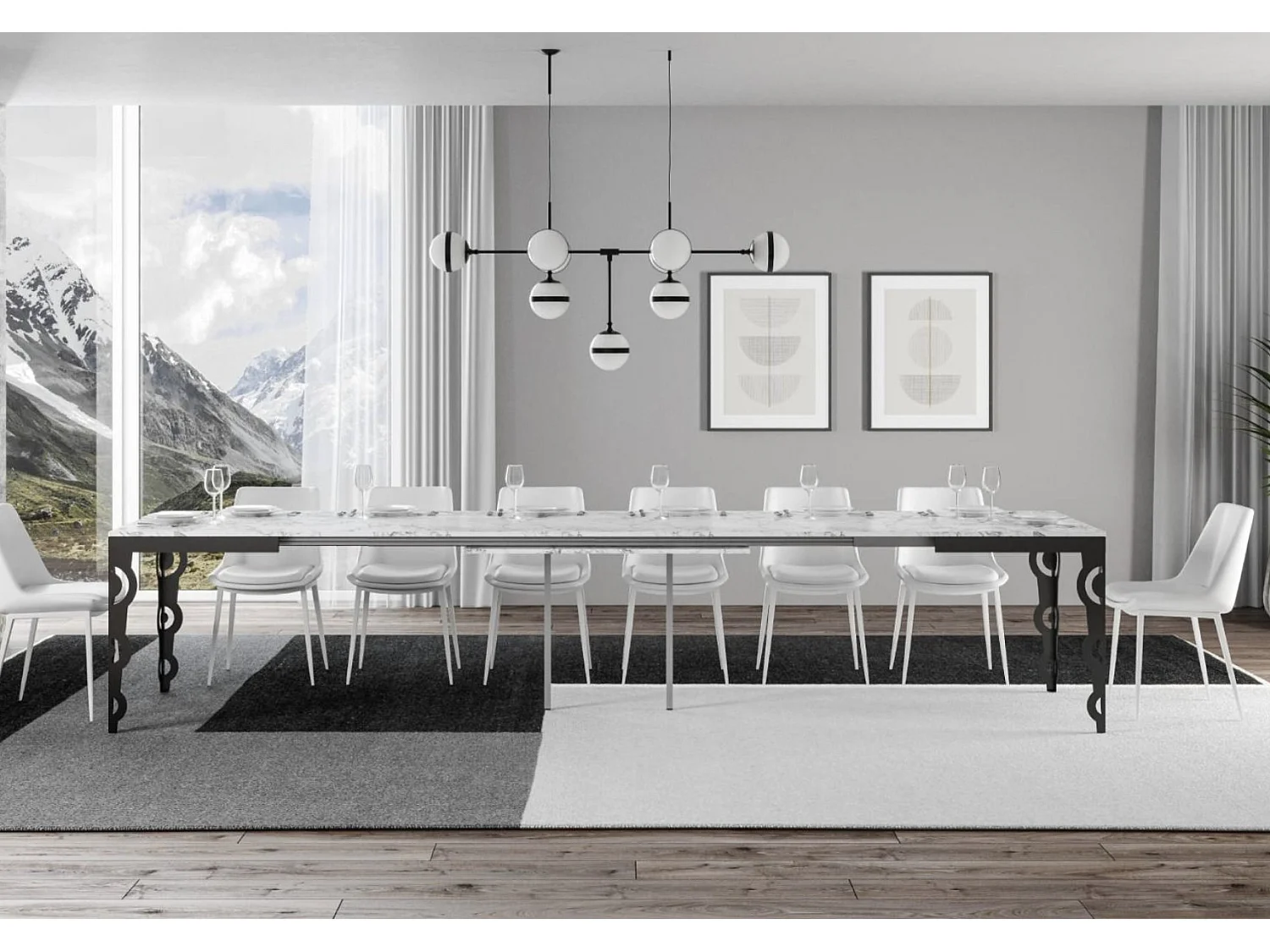 Table rectangulaire extensible orientale 6 à 20 personnes L 160 à 420cm blanc effet marbre et cadre métal anthracite Zakary