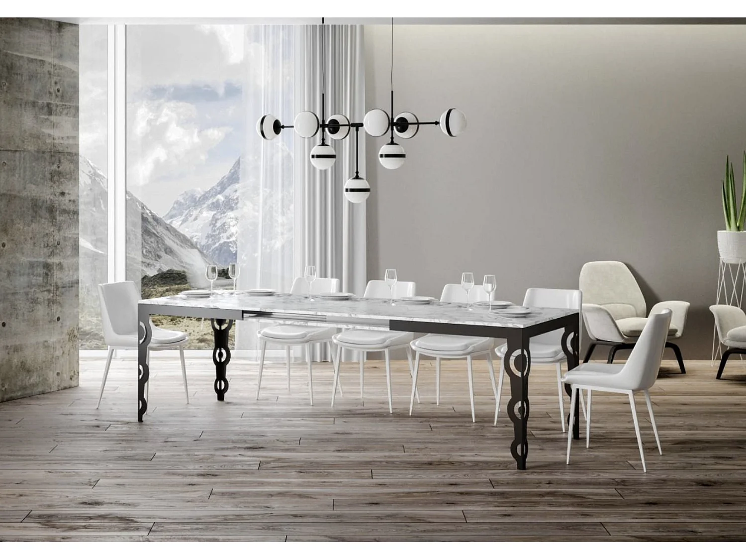 Table rectangulaire extensible orientale 6 à 20 personnes L 160 à 420cm blanc effet marbre et cadre métal anthracite Zakary