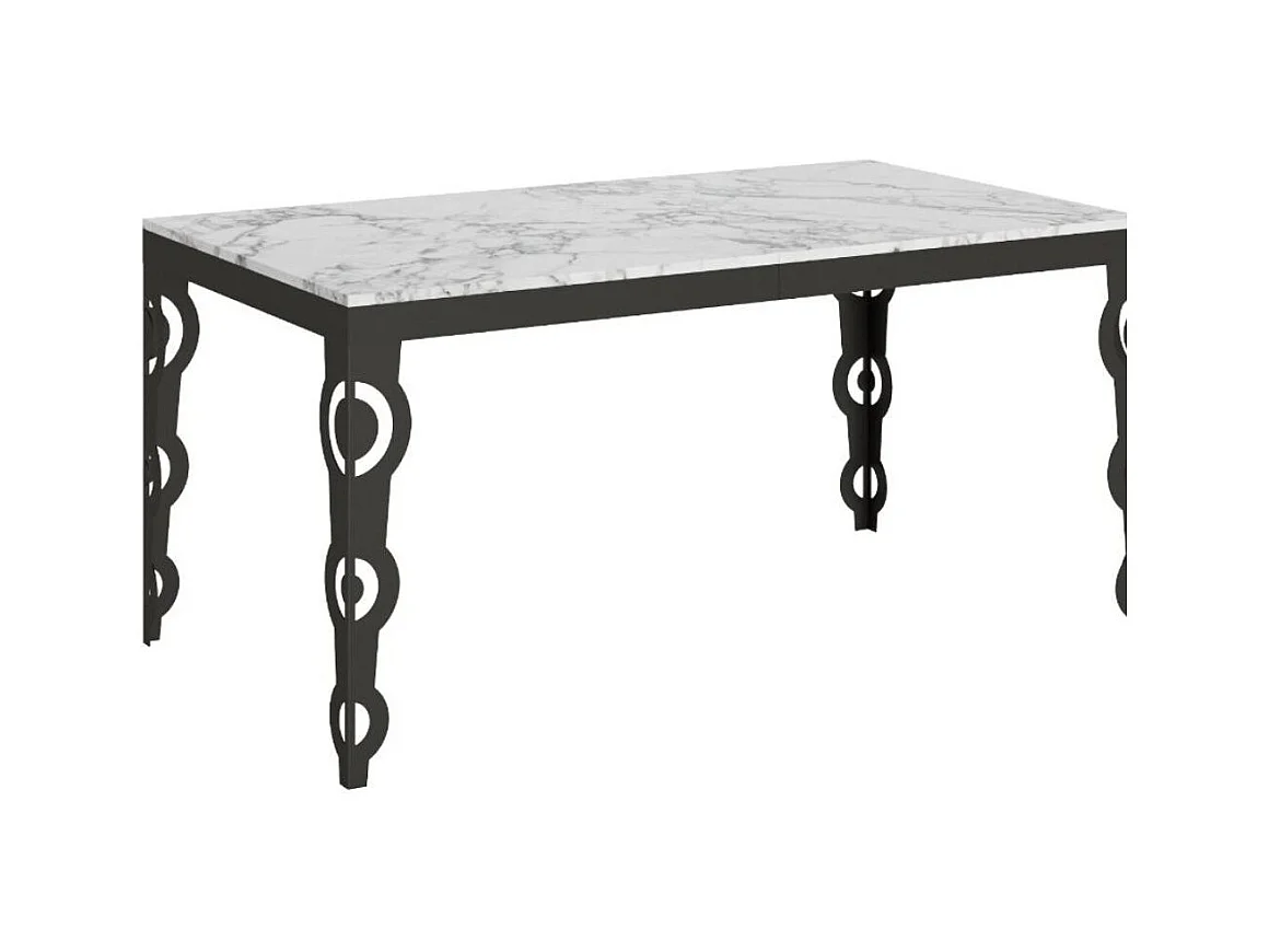 Mesa oriental extensible rectangular para 6 a 20 personas L 160 a 420 cm efecto mármol blanco y estructura de metal antracita Zakary