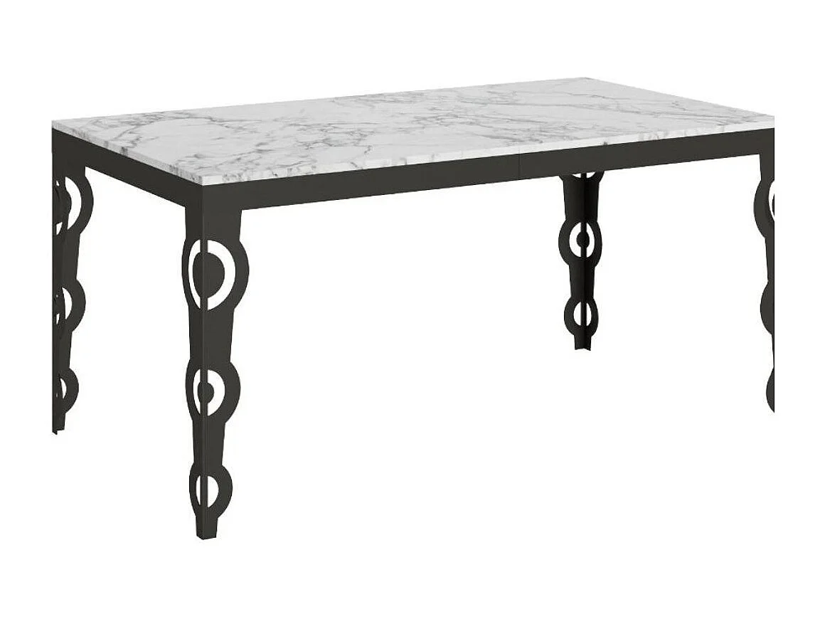 Table rectangulaire extensible orientale 6 à 20 personnes L 160 à 420cm blanc effet marbre et cadre métal anthracite Zakary