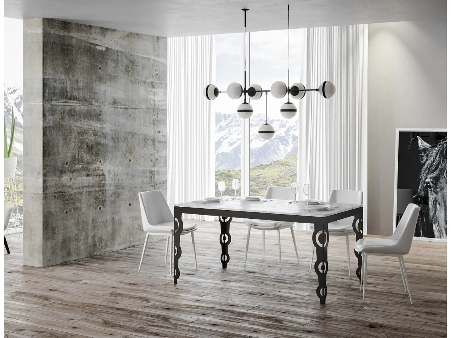 Table rectangulaire extensible orientale 6 à 20 personnes L 160 à 420cm blanc effet marbre et cadre métal anthracite Zakary