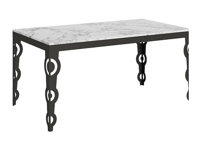 Oosterse uitschuifbare rechthoekige tafel voor 6 tot 20 personen L 160 tot 420 cm wit marmereffect en antraciet metalen frame Zakary
