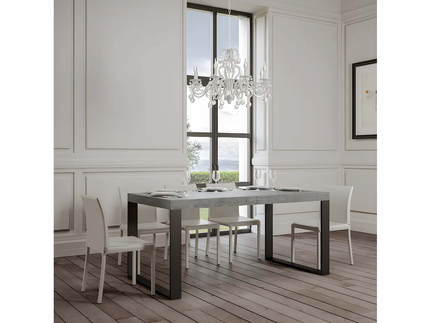 Table extensible 160 à 264cm gris ciment et pieds métal anthracite Tiroz