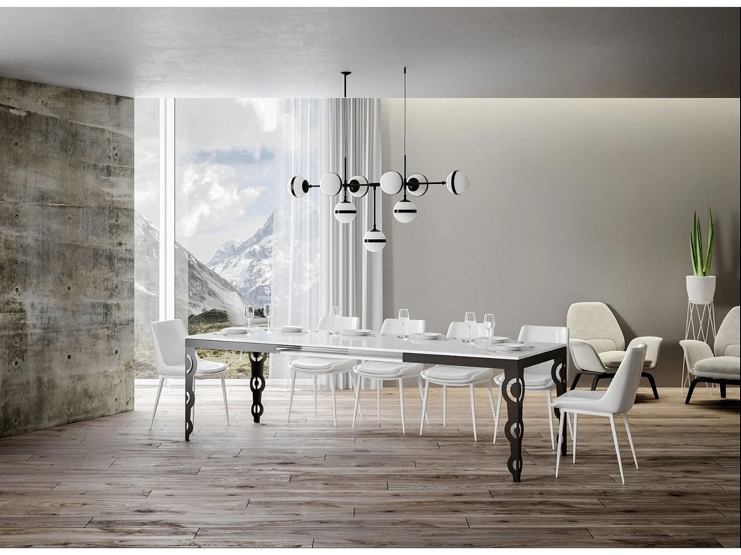 Table rectangulaire extensible orientale 6 à 20 personnes L 160 à 420cm blanc laqué et cadre métal anthracite Zakary