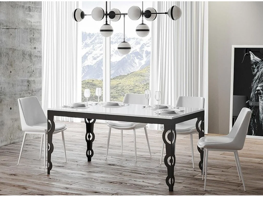 Table rectangulaire extensible orientale 6 à 20 personnes L 160 à 420cm blanc laqué et cadre métal anthracite Zakary