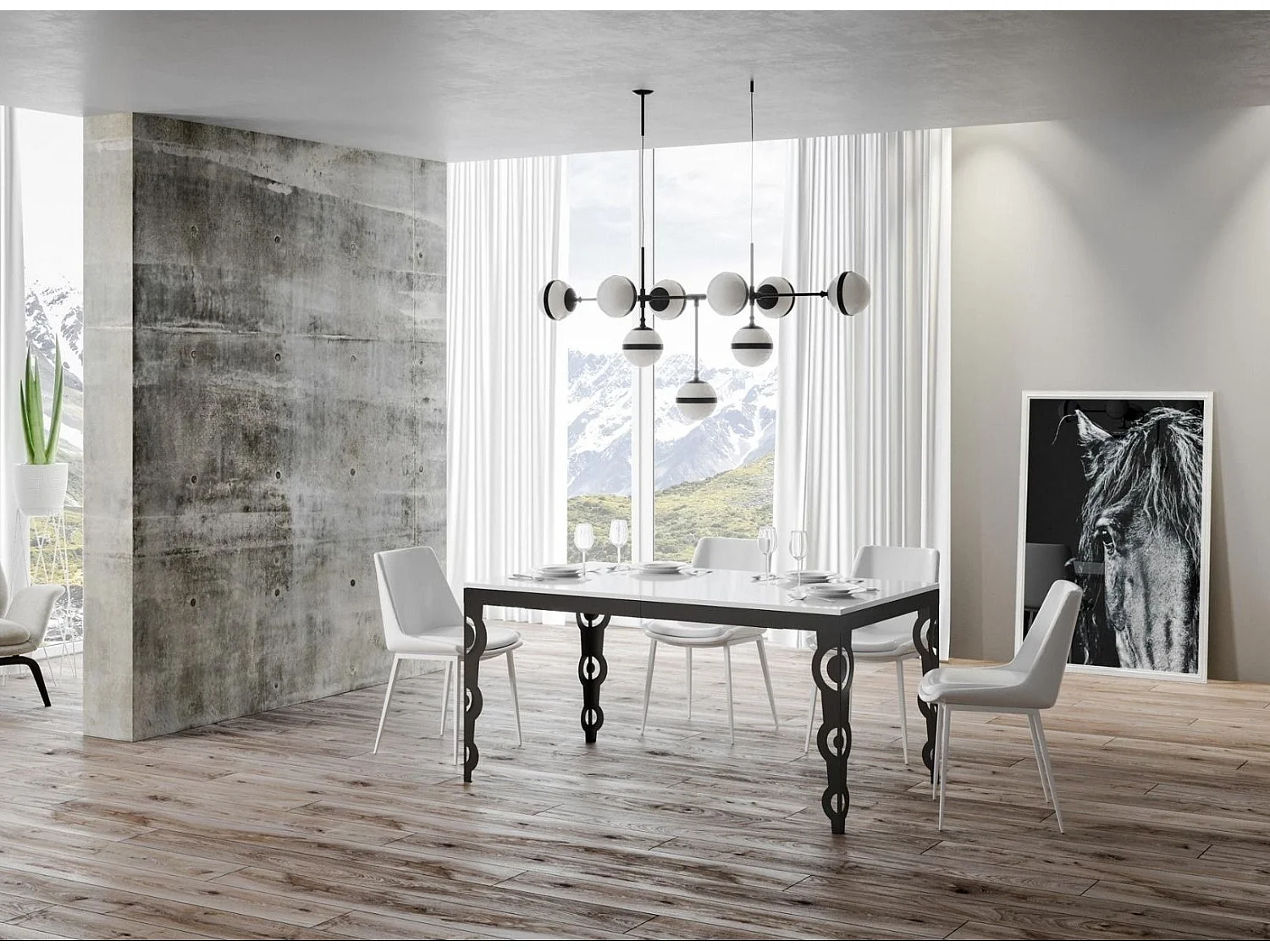 Table rectangulaire extensible orientale 6 à 20 personnes L 160 à 420cm blanc laqué et cadre métal anthracite Zakary