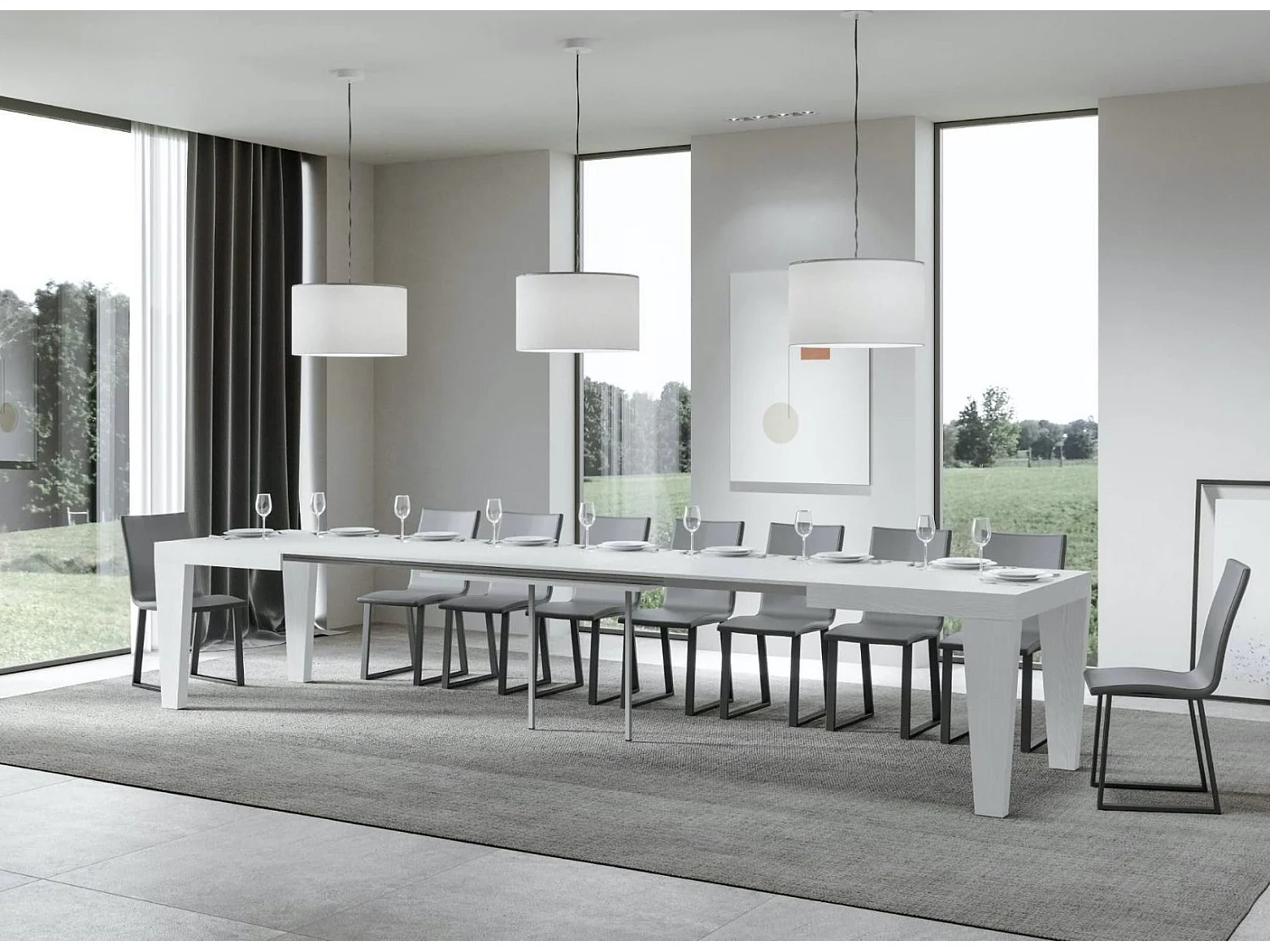 Table extensible 6 à 20 places blanche Kristo 180 à 440cm-Pied et support sur roulettes