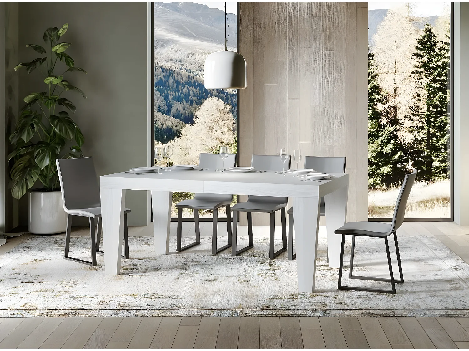 Table extensible 6 à 20 places blanche Kristo 180 à 440cm-Pied et support sur roulettes