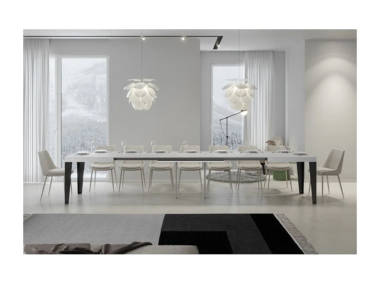 Table rectangulaire extensible 6 à 18 places L 130 à 390cm blanc et pieds métal anthracite Flavio