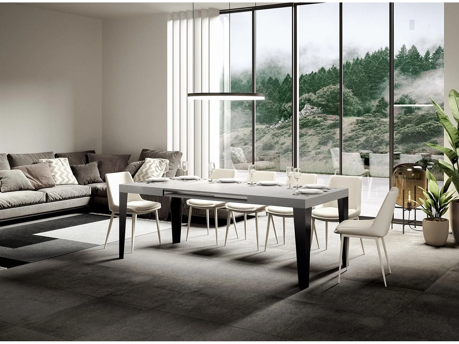 Table rectangulaire extensible 6 à 18 places L 130 à 390cm blanc et pieds métal anthracite Flavio