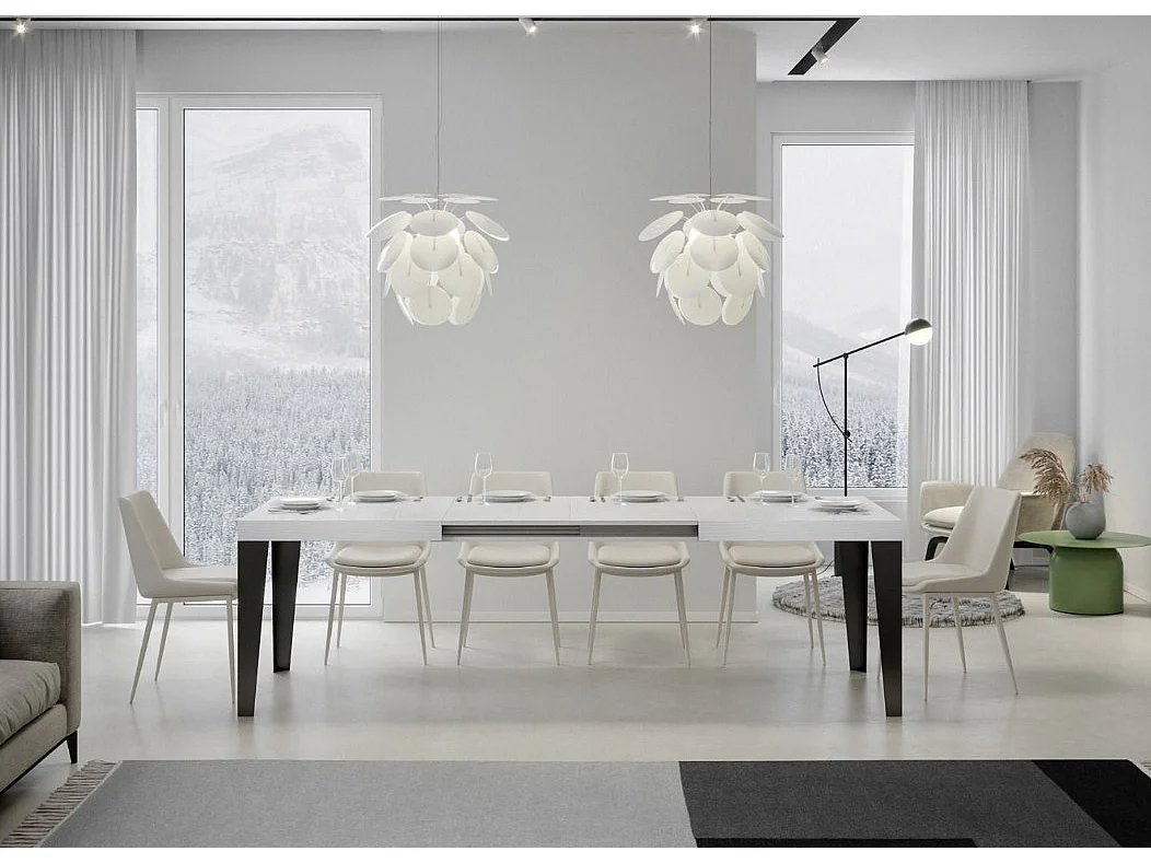 Table rectangulaire extensible 6 à 18 places L 130 à 390cm blanc et pieds métal anthracite Flavio