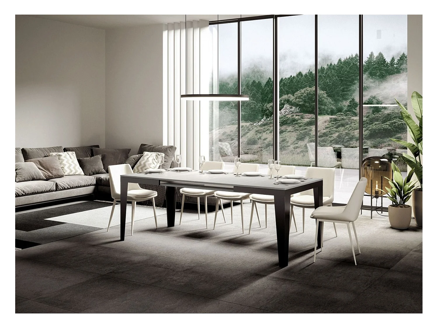 Table rectangulaire extensible 6 à 16 places L 120 à 380cm bois clair et pieds acier gris foncé Flavien