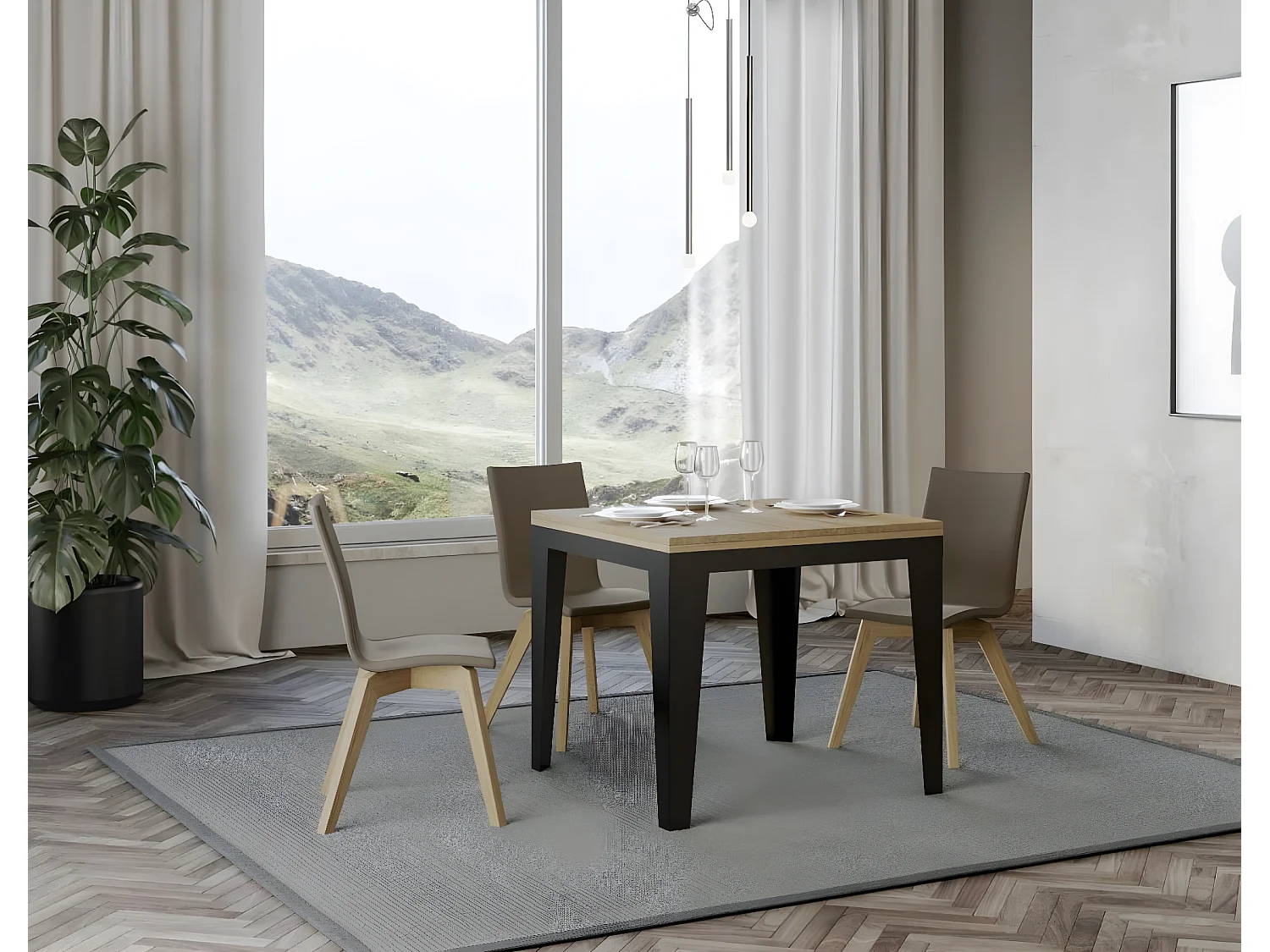 Vierkante uitschuifbare tafel 4 tot 6 plaatsen L 90 tot 180 cm licht eikenhout en antraciet metalen poten Librio