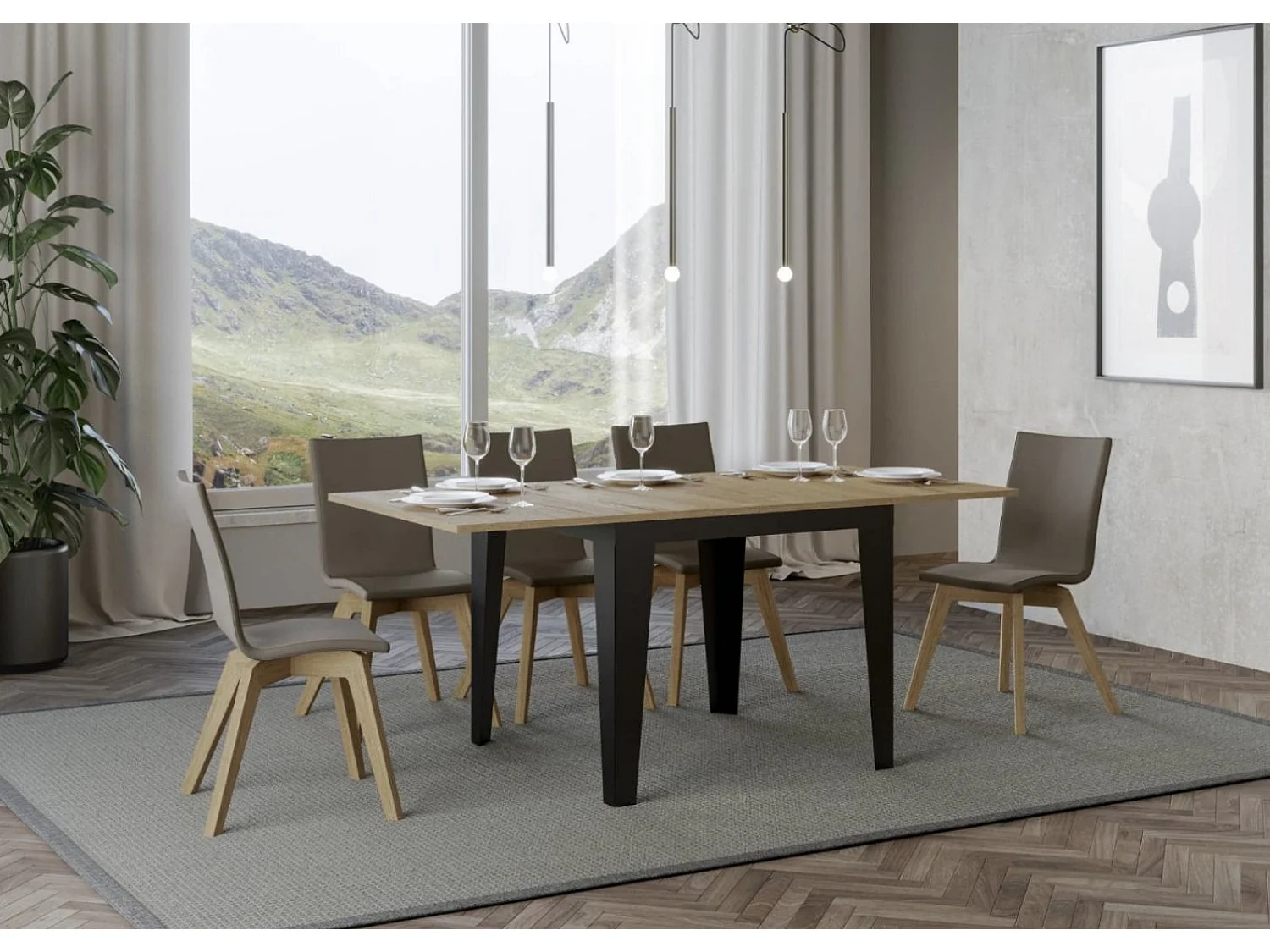 Vierkante uitschuifbare tafel 4 tot 6 plaatsen L 90 tot 180 cm licht eikenhout en antraciet metalen poten Librio