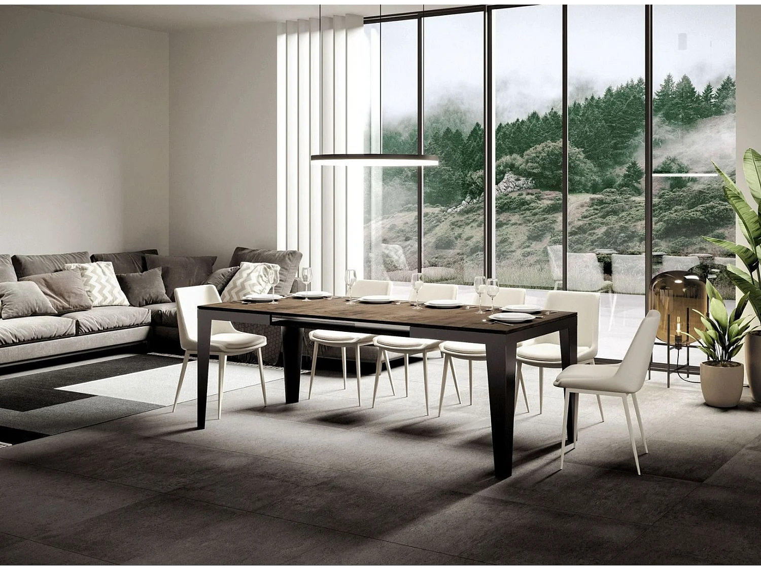 Table rectangulaire extensible 6 à 16 places L 120 à 380cm bois foncé et pieds acier gris foncé Flavien