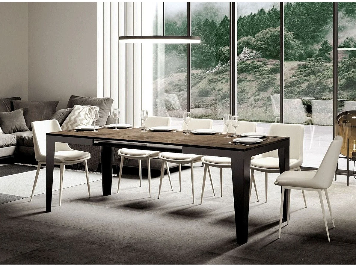 Table rectangulaire extensible 6 à 16 places L 120 à 380cm bois foncé et pieds acier gris foncé Flavien