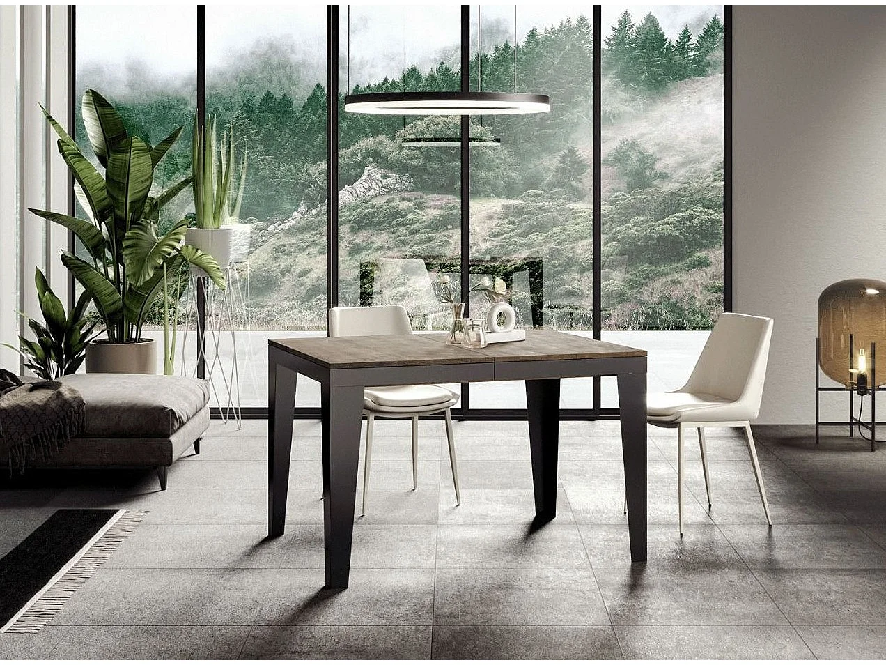 Table rectangulaire extensible 6 à 16 places L 120 à 380cm bois foncé et pieds acier gris foncé Flavien