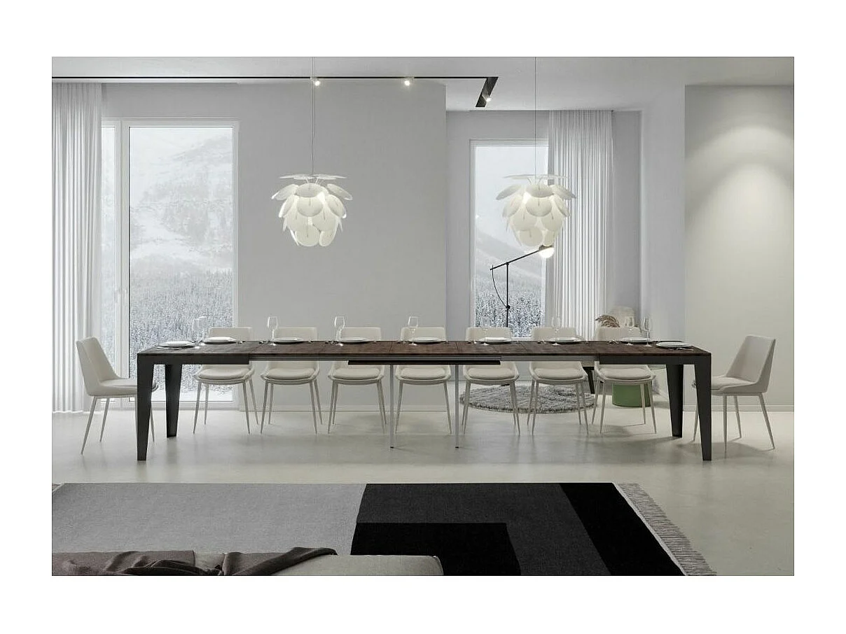 Rechthoekige uitschuifbare tafel 6 tot 16 zitplaatsen L 120 tot 380 cm donker hout en donkergrijze stalen poten Flavien