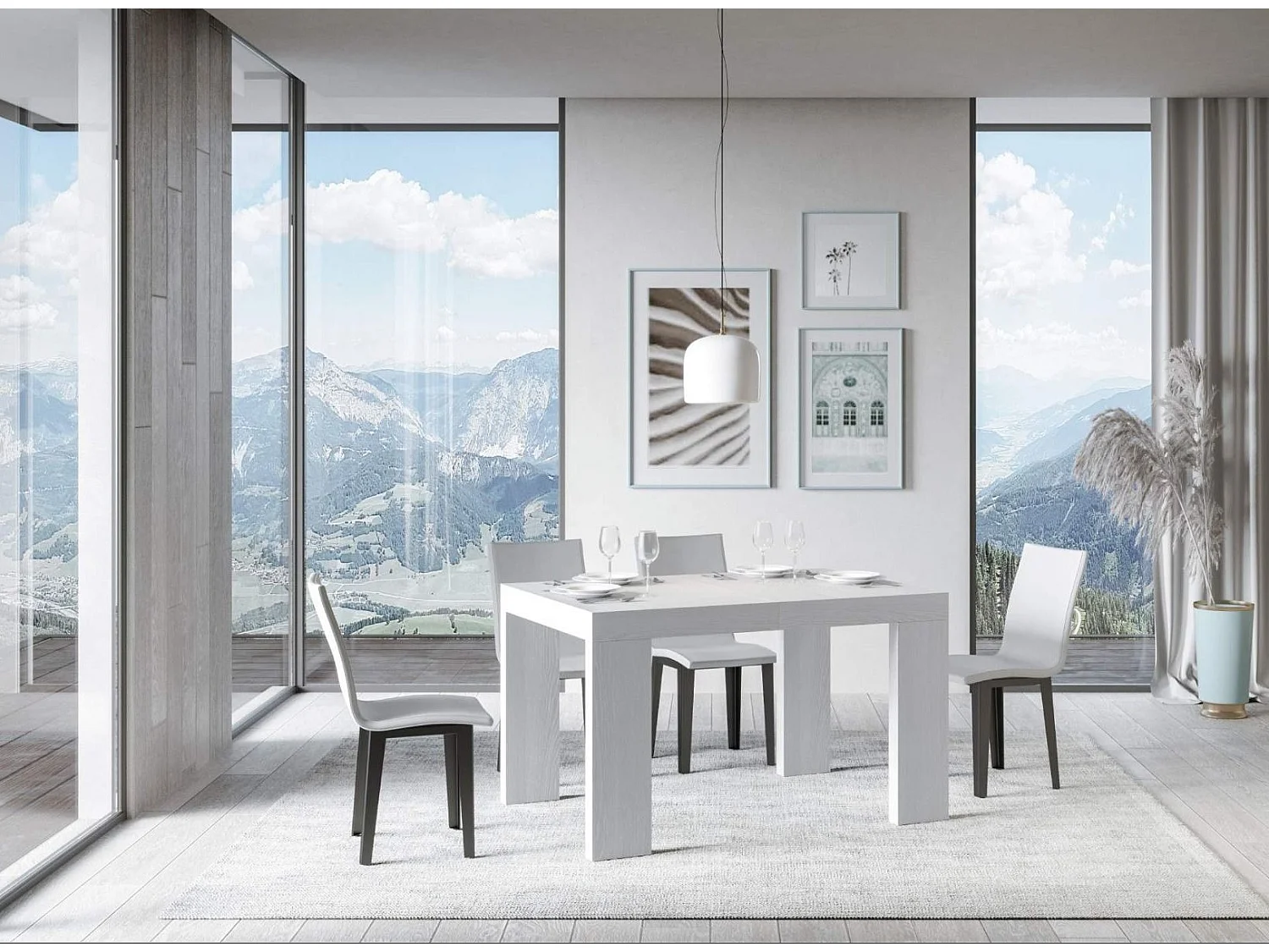 Table rectangulaire extensible 130 à 234cm bois blanc Ribo-Pied et support sur roulettes