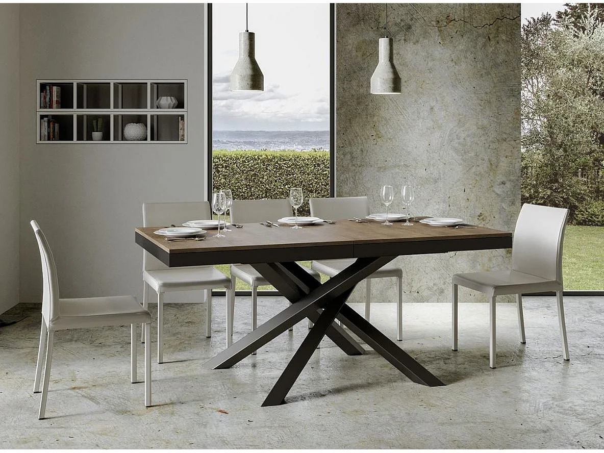 Table extensible 6 à 18 personnes bois marron et pieds entrelacés anthracite L 160 à 420cm Klass