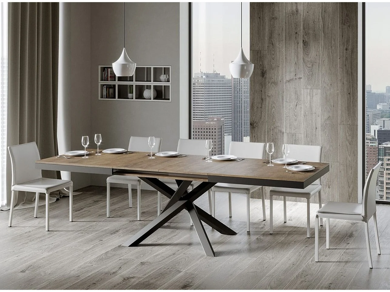 Table extensible 6 à 18 personnes bois marron et pieds entrelacés anthracite L 160 à 420cm Klass