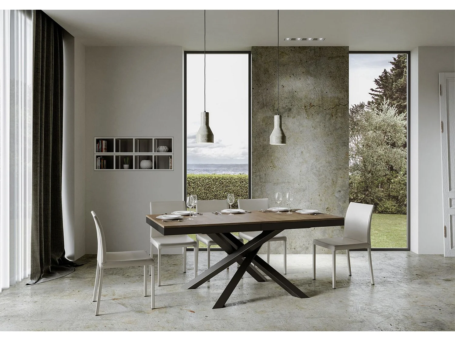 Uitschuifbare tafel voor 6 tot 18 personen, bruin hout en antraciet verweven poten L 160 tot 420 cm Klass