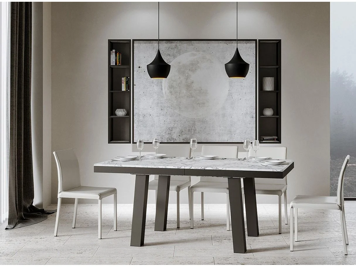 Table extensible 6 à 12 places L 160 à 264cm effet marbre blanc et cadre métal anthracite Bidy