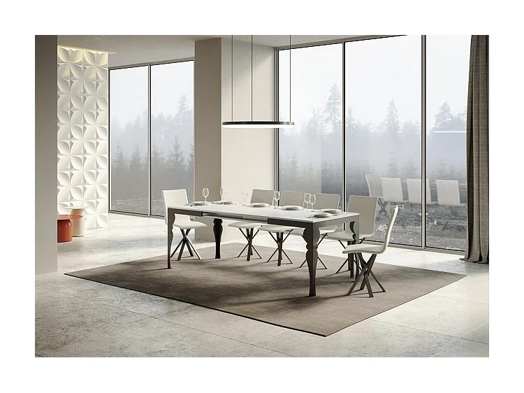 Table extensible 6 à 10 places L 120 à 224cm bois blanc et pieds gris foncé Patone