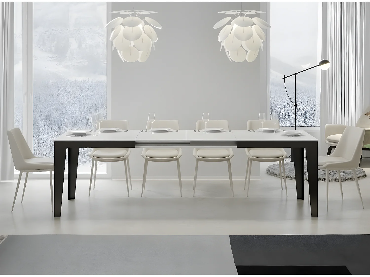 Table rectangulaire extensible 6 à 14 places L 180 à 284cm blanc et pieds acier gris foncé Flavien