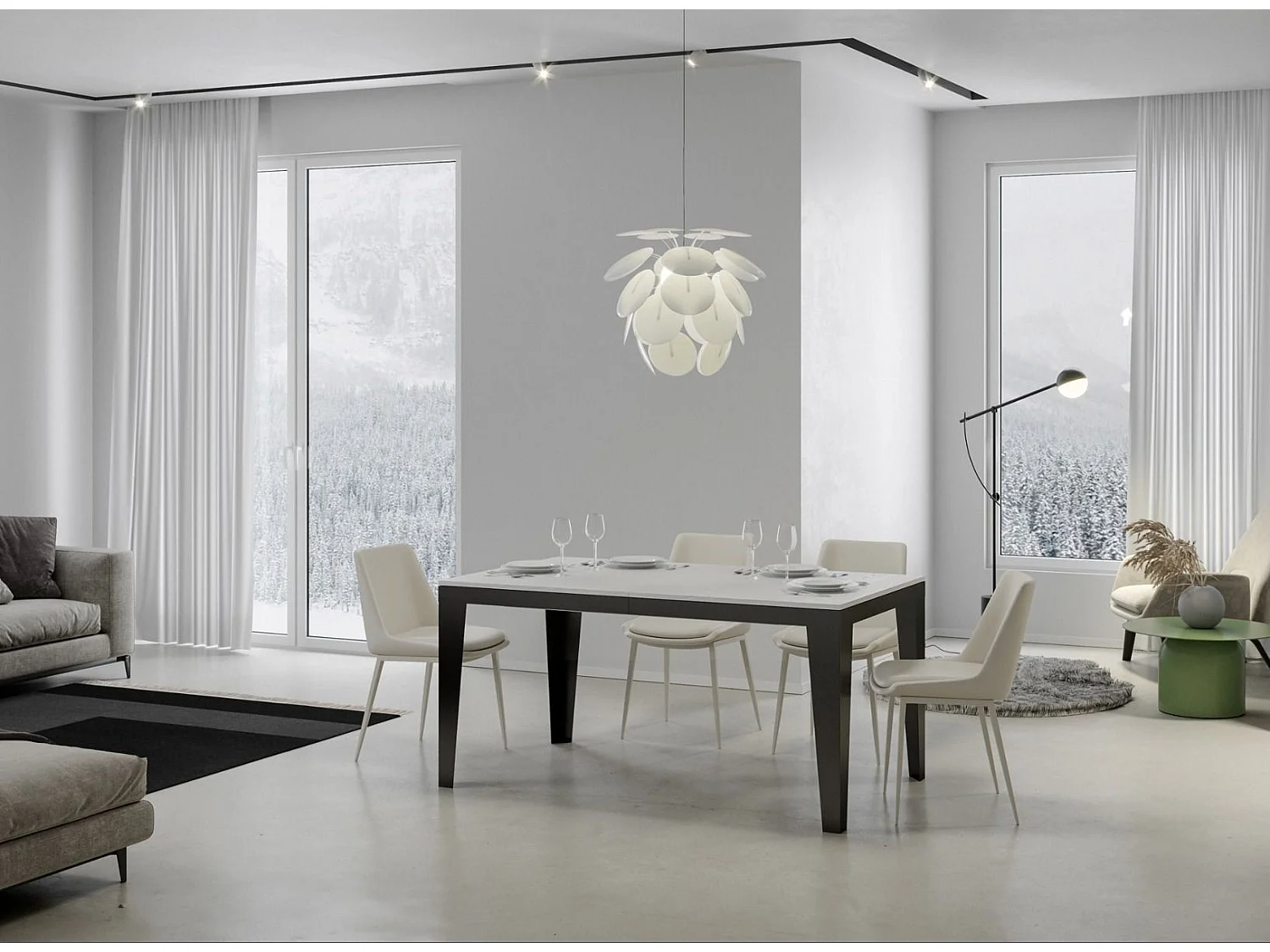 Table rectangulaire extensible 6 à 14 places L 180 à 284cm blanc et pieds acier gris foncé Flavien