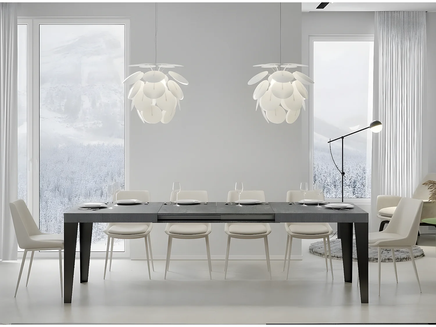 Mesa de comedor extensible Flavio-Color Gris cemento-Soporte 2 pies-Alargaderas -Ancho extensible