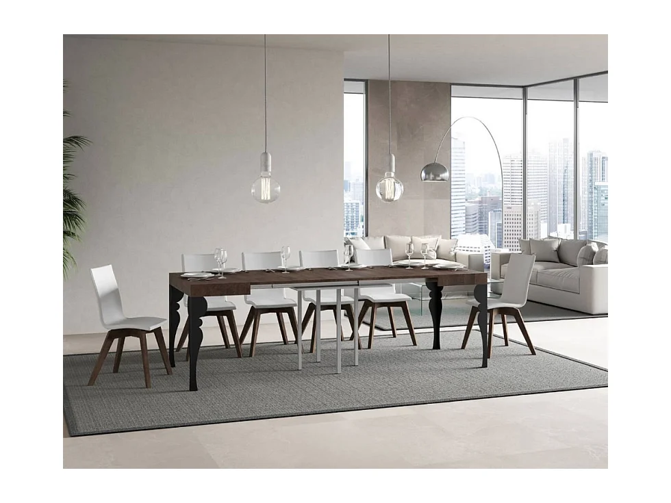 Kleine vierkante tafel 90/90 cm uitschuifbaar 10 personen 90 tot 246 cm bruine en donkergrijze poten Kalane