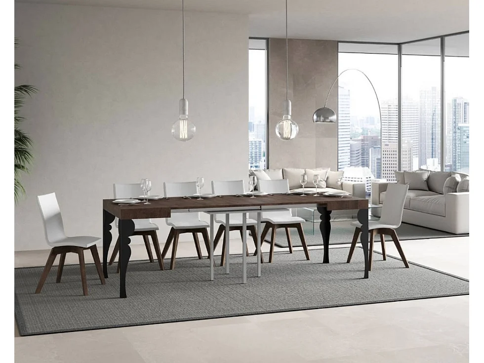 Petite table carrée 90-90cm extensible 10 personnes 90 à 246cm marron et pieds gris foncé Kalane