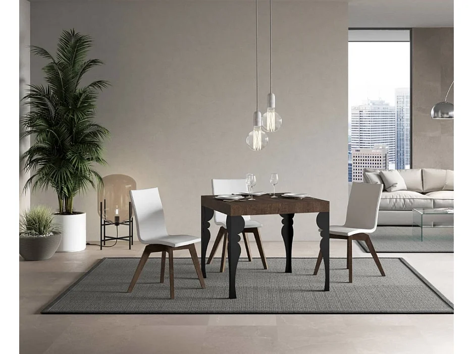 Petite table carrée 90-90cm extensible 10 personnes 90 à 246cm marron et pieds gris foncé Kalane