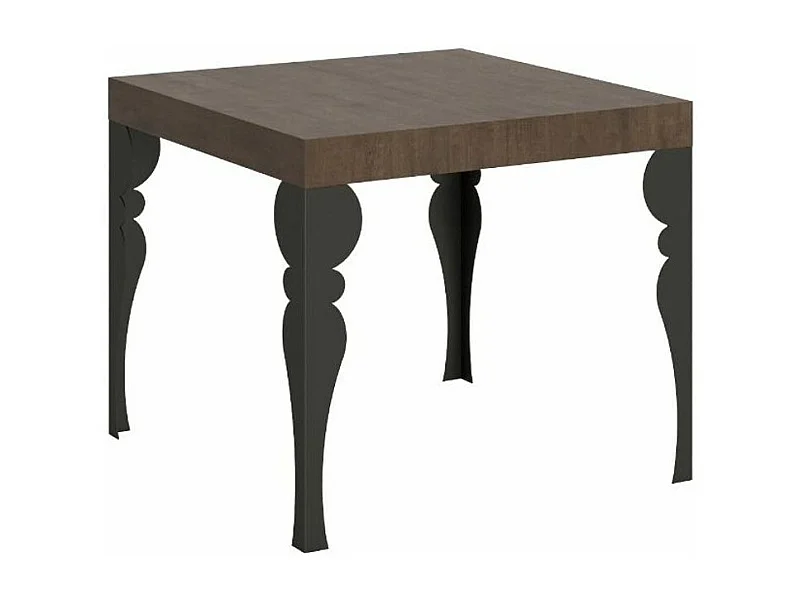 Petite table carrée 90-90cm extensible 10 personnes 90 à 246cm marron et pieds gris foncé Kalane