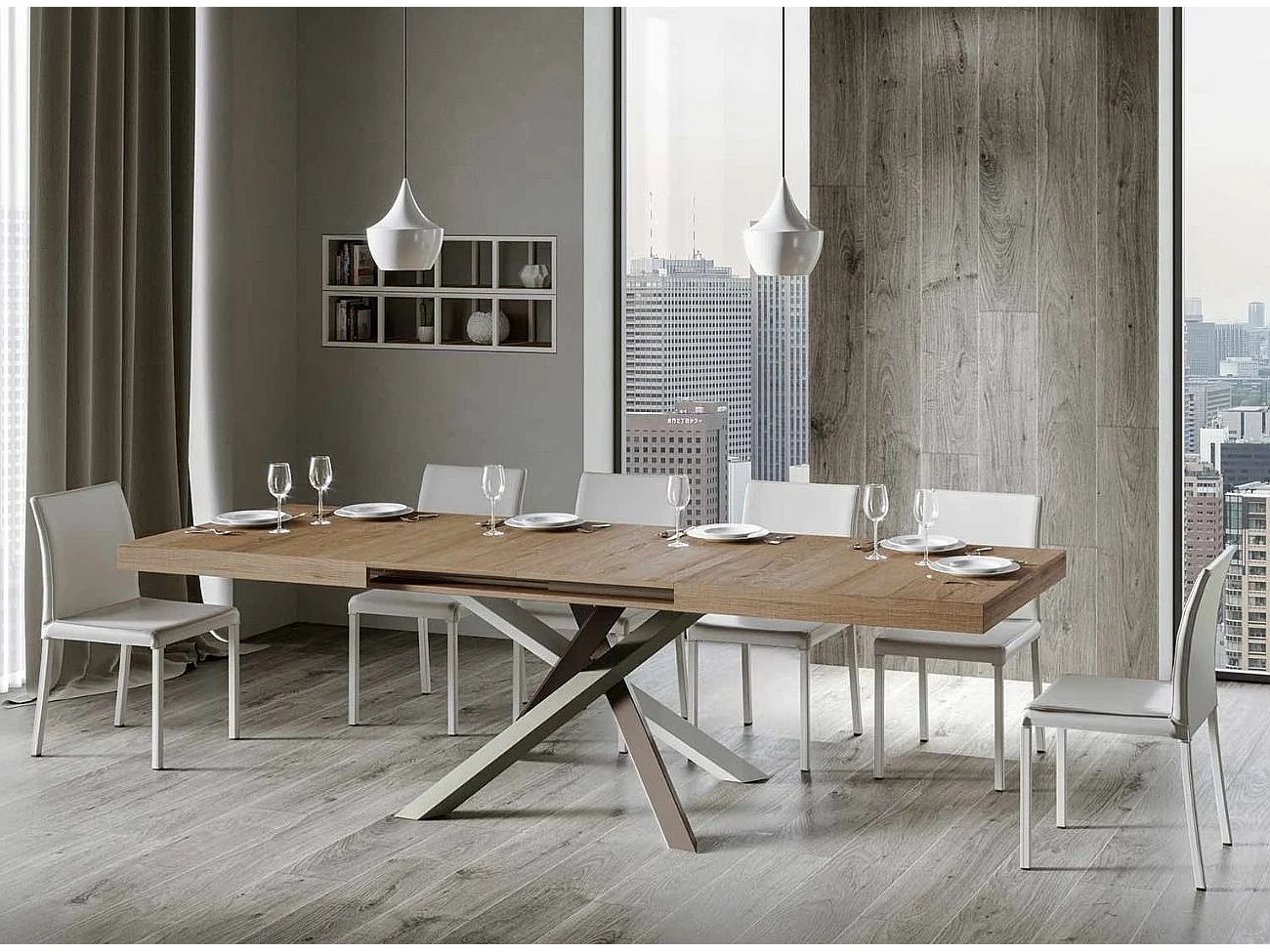 Mesa extensible de diseño con patas entrelazadas 4 colores Artemis-Color Natural-5 alargaderas finas-Ancho extensible