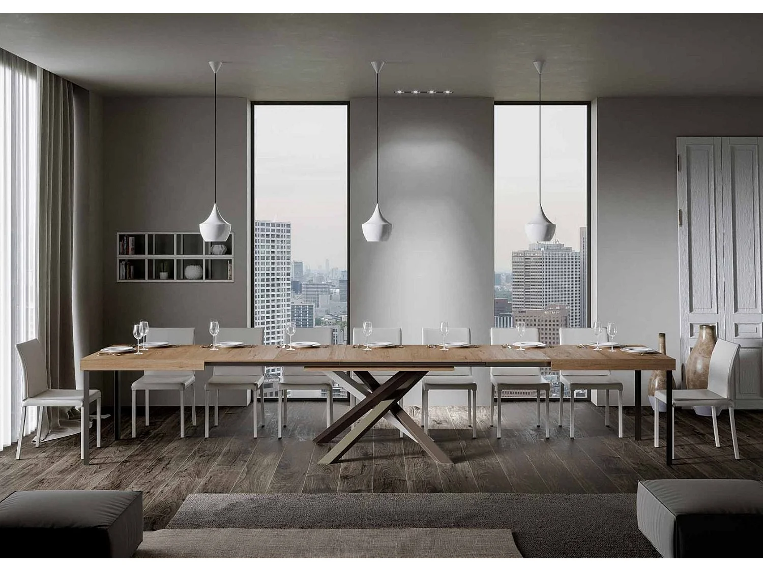 Mesa extensible de diseño con patas entrelazadas 4 colores Artemis-Color Natural-5 alargaderas finas-Ancho extensible