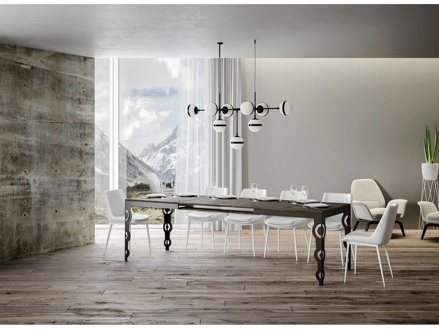 Table rectangulaire extensible orientale 6 à 20 personnes L 160 à 420cm bois foncé et cadre métal anthracite Zakary