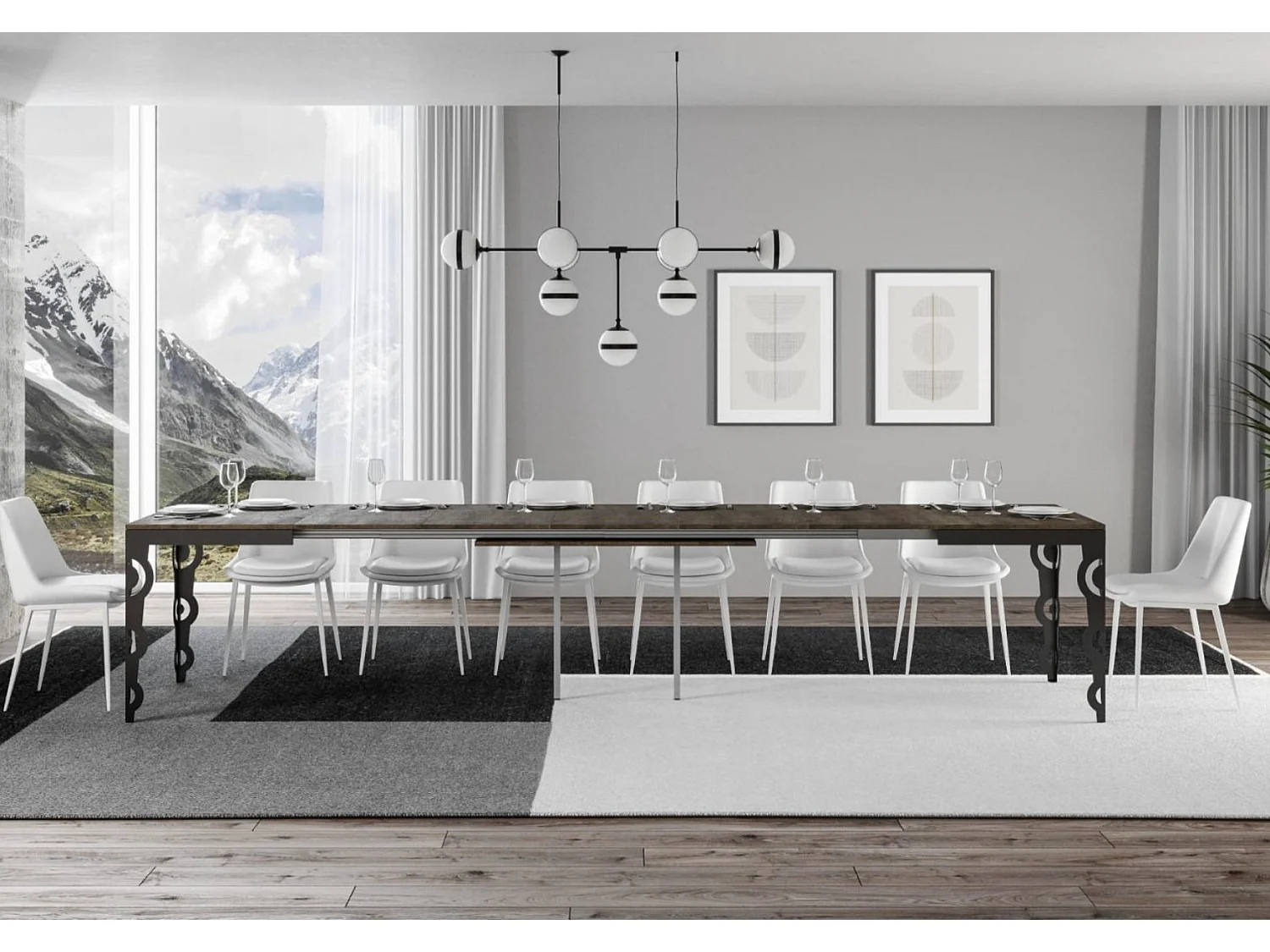 Mesa oriental extensible rectangular para 6 a 20 personas L 160 a 420 cm madera oscura y estructura de metal antracita Zakary