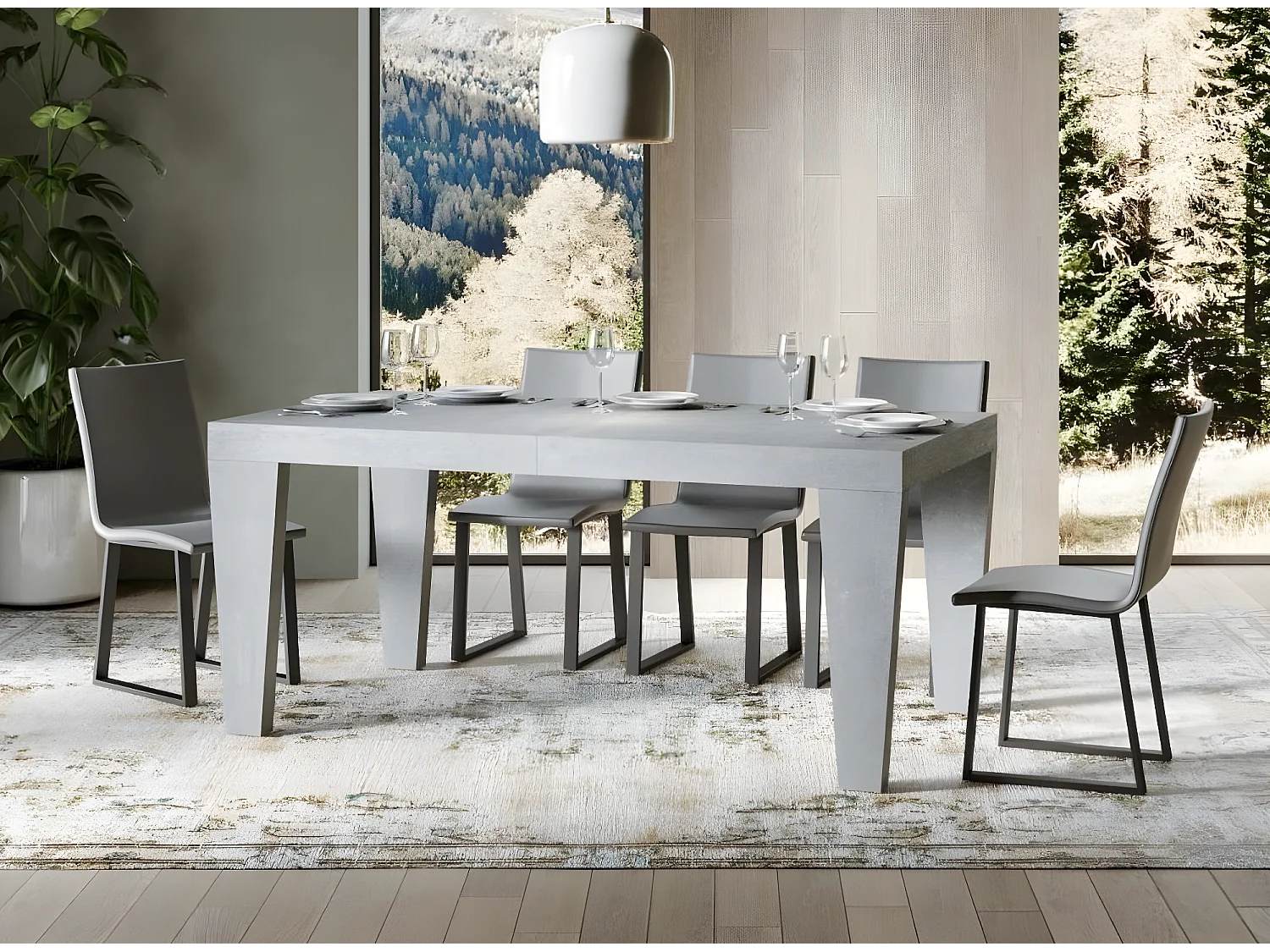 Table extensible 6 à 20 places gris cendré Kristo 180 à 440cm-Pied et support sur roulettes