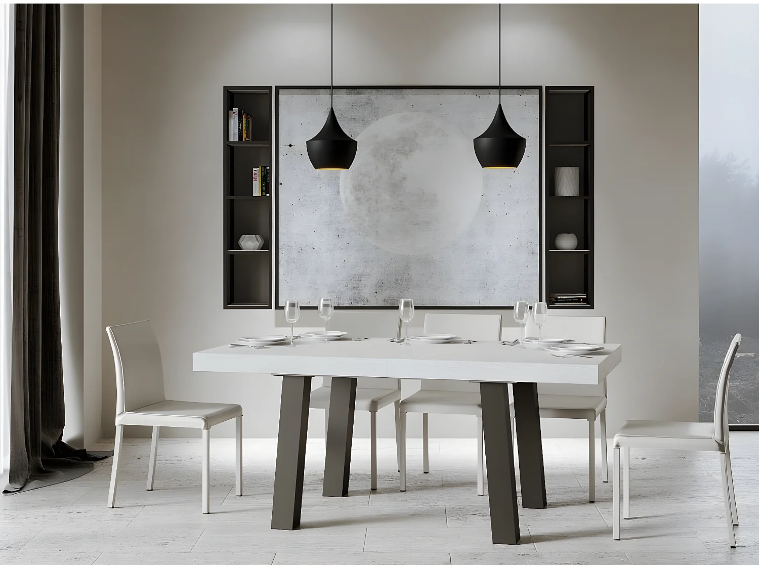 Table extensible 6 à 12 places L 160 à 264cm blanc et pieds métal anthracite Bidy