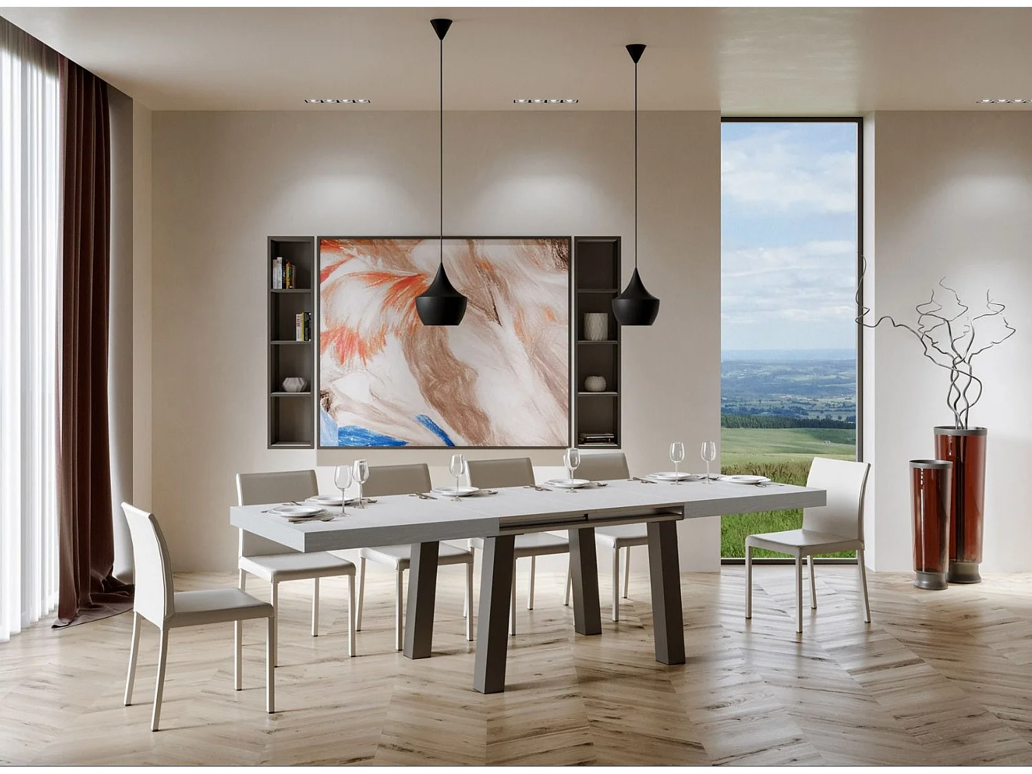 Table extensible 6 à 12 places L 160 à 264cm blanc et pieds métal anthracite Bidy