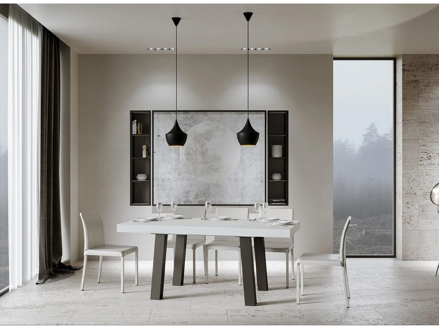 Table extensible 6 à 12 places L 160 à 264cm blanc et pieds métal anthracite Bidy