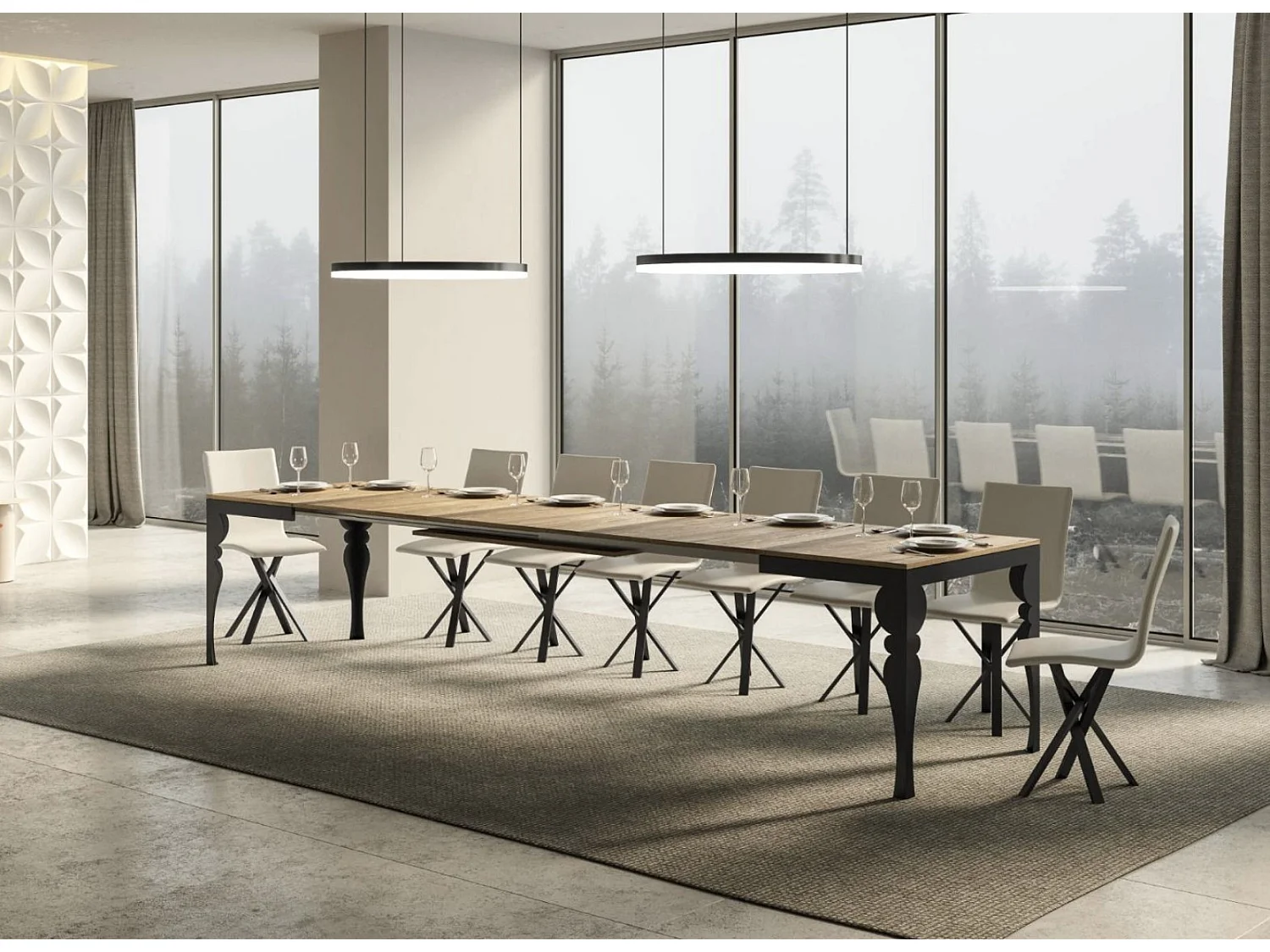 Mesa extensible con patas de acero antracita, estilo oriental Torza evolución-Color Natural-Soporte 2 pies-Ancho extensible