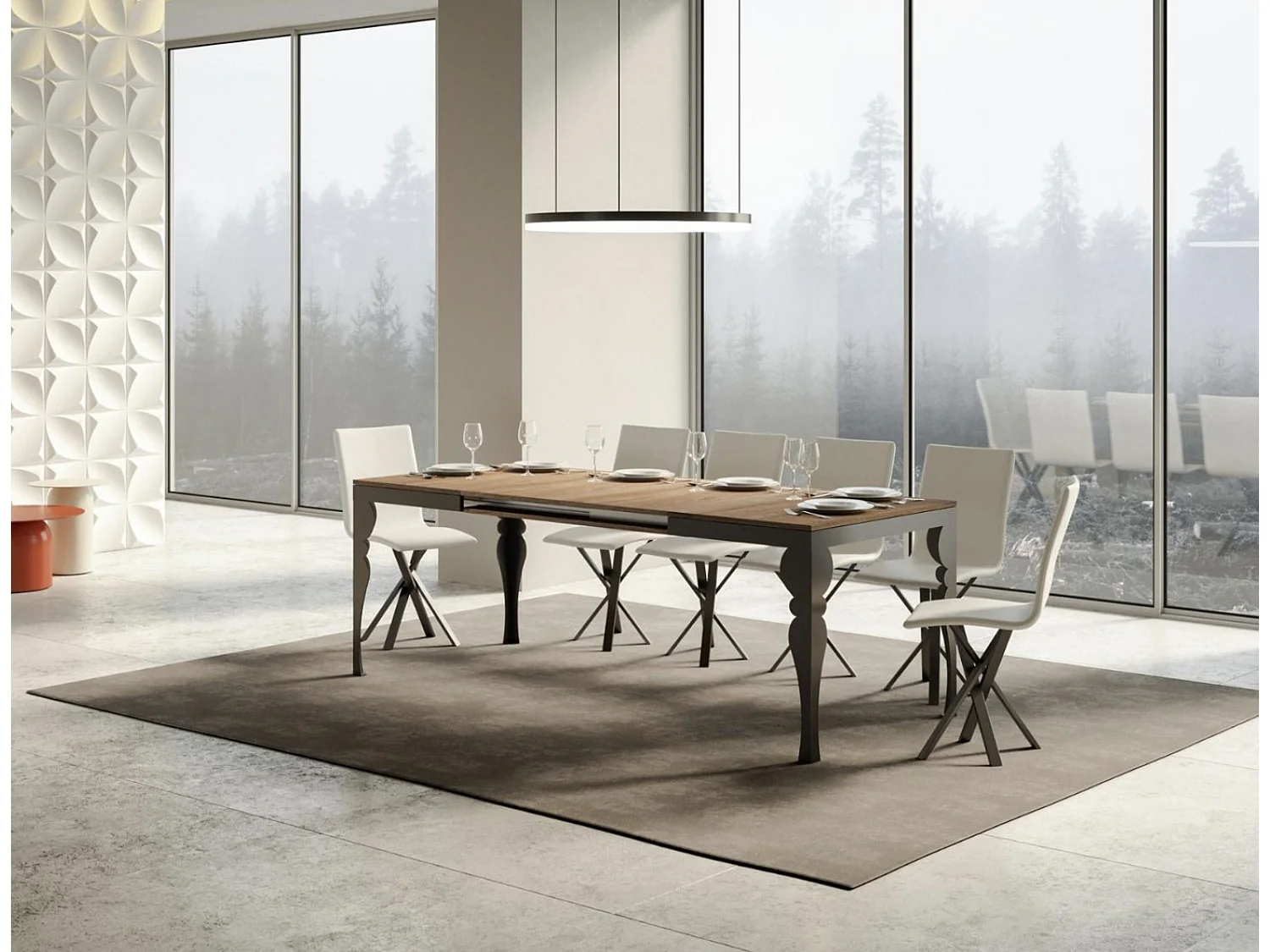 Mesa extensible con patas de acero antracita, estilo oriental Torza evolución-Color Natural-Soporte 2 pies-Ancho extensible