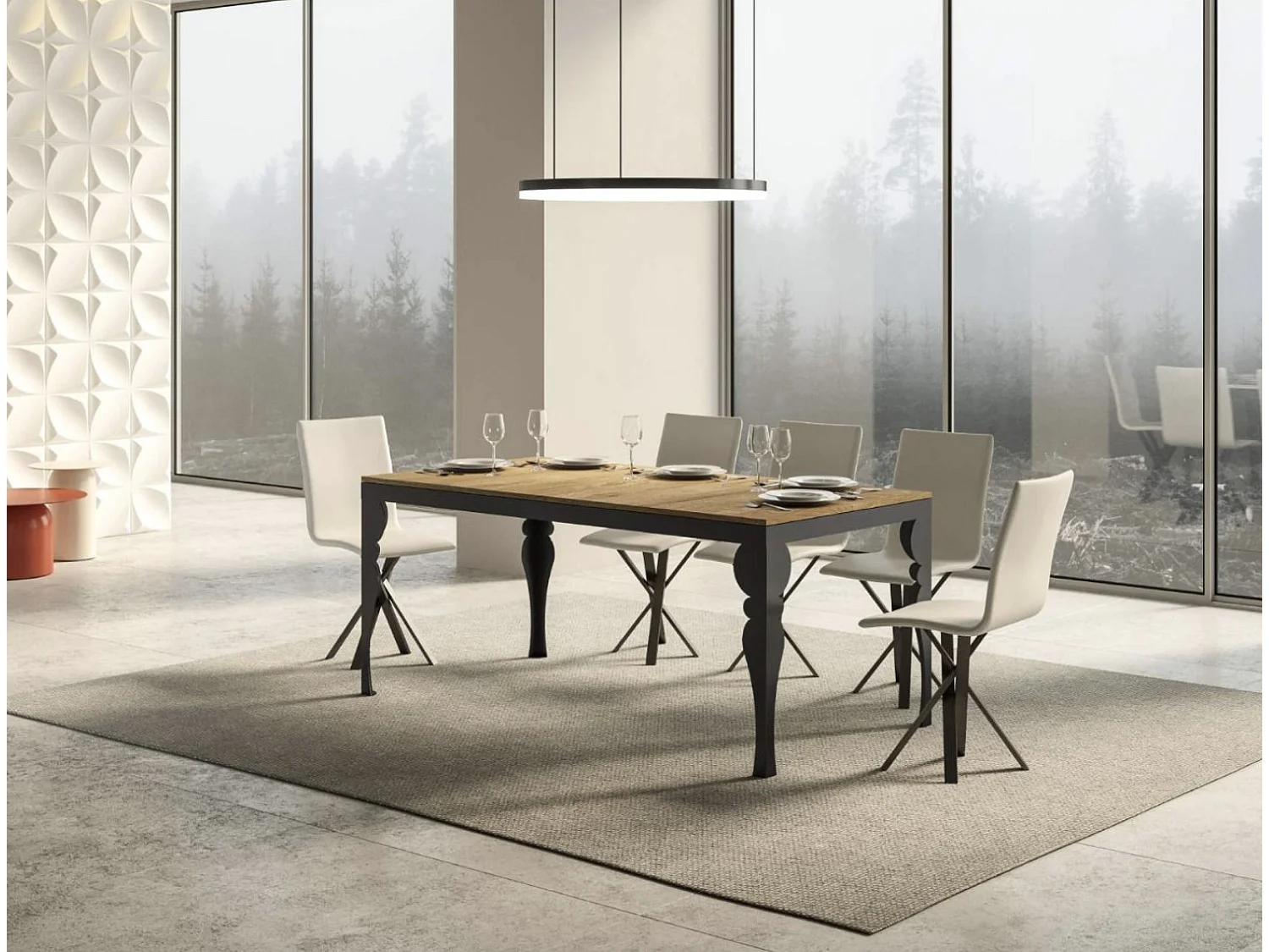 Mesa extensible con patas de acero antracita, estilo oriental Torza evolución-Color Natural-Soporte 2 pies-Ancho extensible