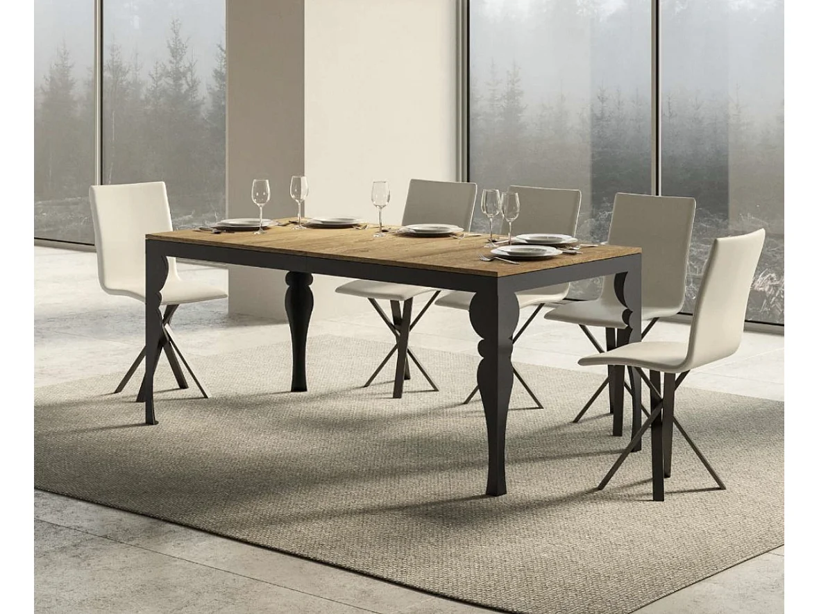 Mesa extensible con patas de acero antracita, estilo oriental Torza evolución-Color Natural-Soporte 2 pies-Ancho extensible