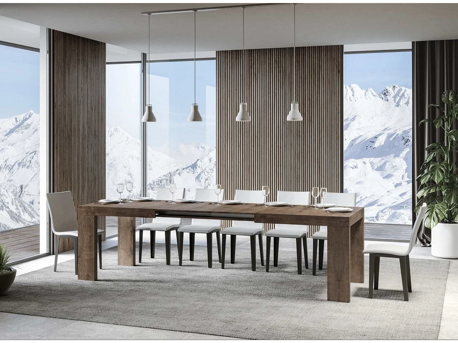 Mesa de comedor extensible de madera Ribo-Color Marrón-Base y soporte con ruedas-Alargaderas -Ancho extensible